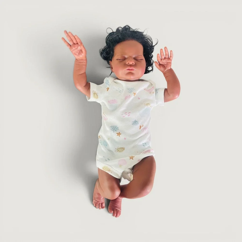 African American Sleeping Baby Doll Curly Hair Realistic Reborn Style Cloth Body